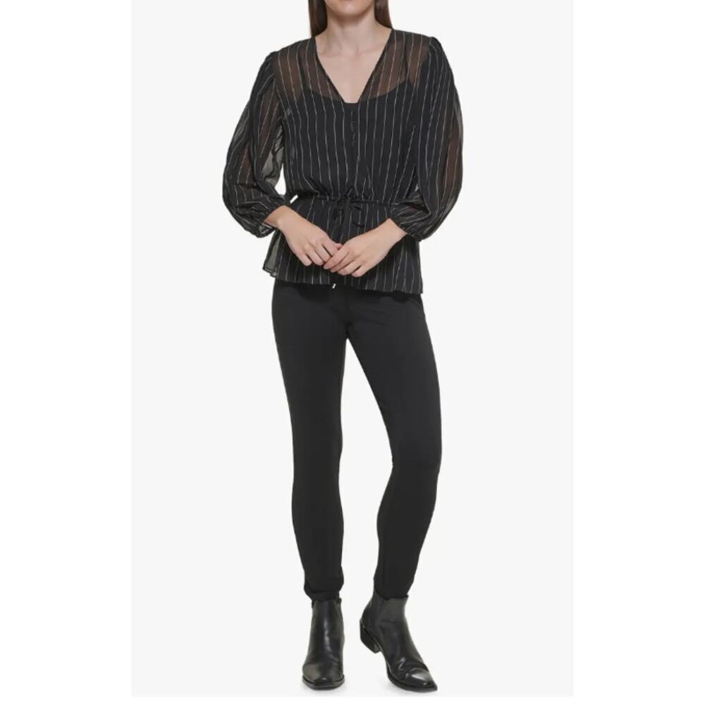 DKNY Tie Waist V-Neck Pinstrip Blouse 2-Piece Size XL